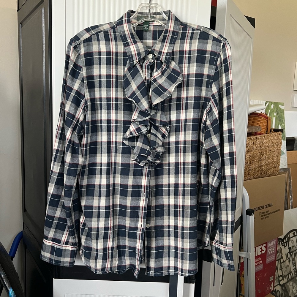 Lands End Plaid Ruffle Blouse